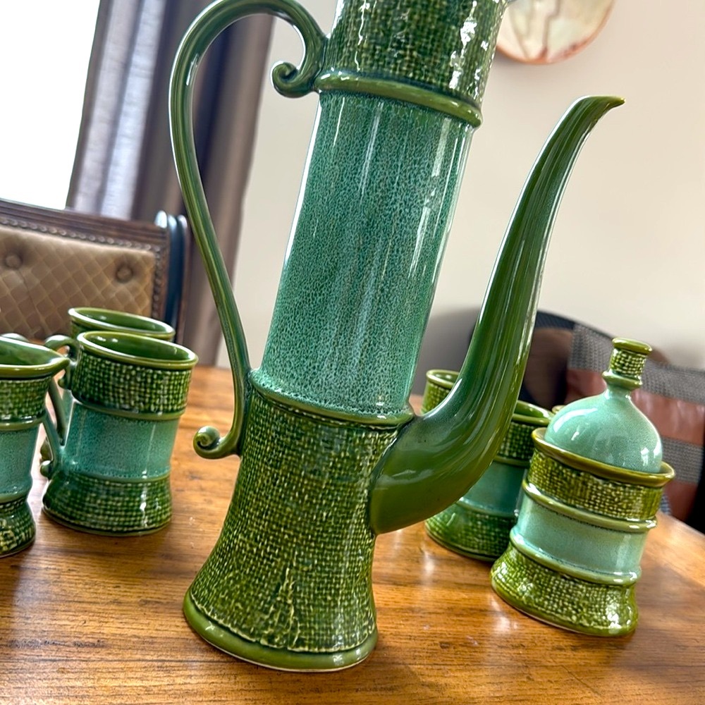 Vintage MCM Green Ceramic Coffee Set | Carafe 16 1/2 tall by 8 1/2 wide - Picture 16 of 17